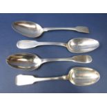 Four silver and white metal (untested) antique fiddle pattern tablespoons, 7.5oz approx