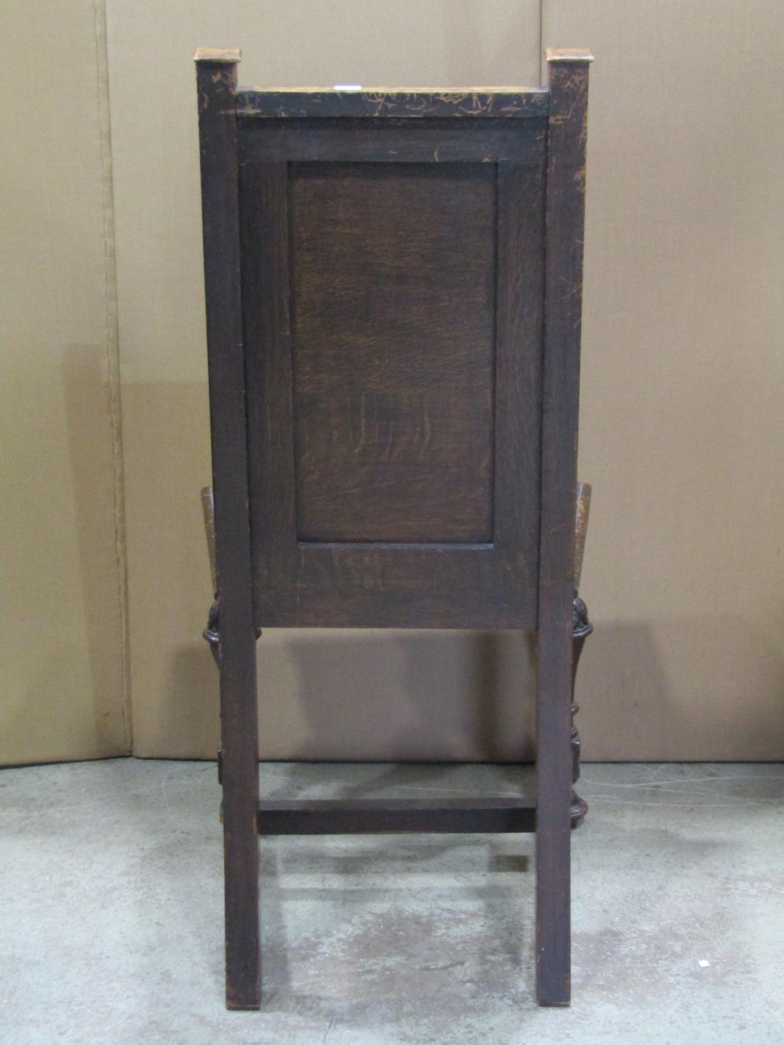 An old English style oak panel back single chair with linen fold and applied split moulded detail, - Image 2 of 2