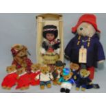 Mixed toy collection including Paddington bear (1 eye missing) with blue duffle coat, red hat,