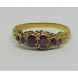 Antique multi gem ring in hues of pink and purple, with scrolled mount, size P, 1.8g (outer pair