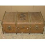 Two vintage fibre and timber lathe bound cabin trunks with stitched leather handles and painted line