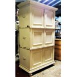 A 19th century painted pine three sectional freestanding side cupboard possibly Dutch, each