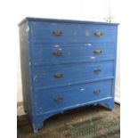 A late Victorian ash bedroom chest of two short over three long graduated drawers with later blue