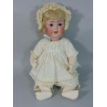 Alt Beck & Gottschalck bisque head baby doll, with sleeping brown eyes and open mouth with two top