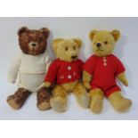 3 vintage teddy bears, all with stitched mouth and nose, and with black/ amber glass eyes; one has