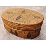 Native American lidded basket, oval, with simple repeating geometric detail, 12cm long max