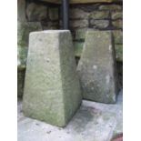 Two similar weathered natural stone staddle stone type bases of square tapered form, 50 cm high