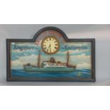A relief wooden painted pub type clock, decorated with a cargo ship and inscribed 'Eastern