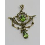 9ct Art Nouveau drop pendant set with chrysoprase and seed pearls, 4.5cm long approx, 3.7g