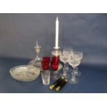Mixed collection of glassware to include two coloured glass octagonal double ended scent bottles,
