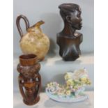 Mixed lot to include a tribal hardwood bust carving of a tribeswoman, a further carved and
