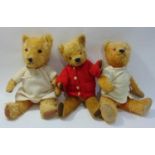 3 vintage teddy bears, all with golden fur, jointed body and stitched mouth and nose; first is