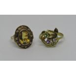 Two 8ct gem set rings; a citrine example with beaded detail, size N and a stylised multi gem