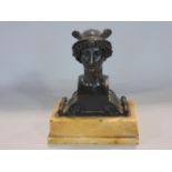 Grand Tour bronze bust of Hermes, upon a stepped square yellow veined marble base, 17 cm high