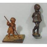 Cast gilt bronze study of a girl sweeping, 12.5 cm high together with a further cast metal figure of
