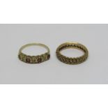 Two 9ct rings; a ruby and diamond half hoop, size K and a white stone eternity ring, size I, 3.4g