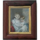 Early 19th century school, half length portrait of two seated children embracing and with sky to