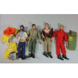 4 1960's Action Man dolls in army and Navy clothes, with flock hair (3 with gripping hands), with