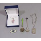 Mixed group of silver items comprising a coffee spoon by Ralph Weston set with Blue John, a