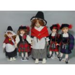 2 Welsh and 3 Scottish bisque head dolls in traditional dress with stands. Heights 45-64cm incl hats