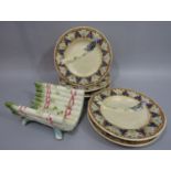 A set of five 19th century majolica asparagus serving plates, with simulated asparagus mouldings and
