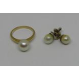 18k pearl ring, size L/M, together with a pair of yellow metal pearl stud earrings with screw