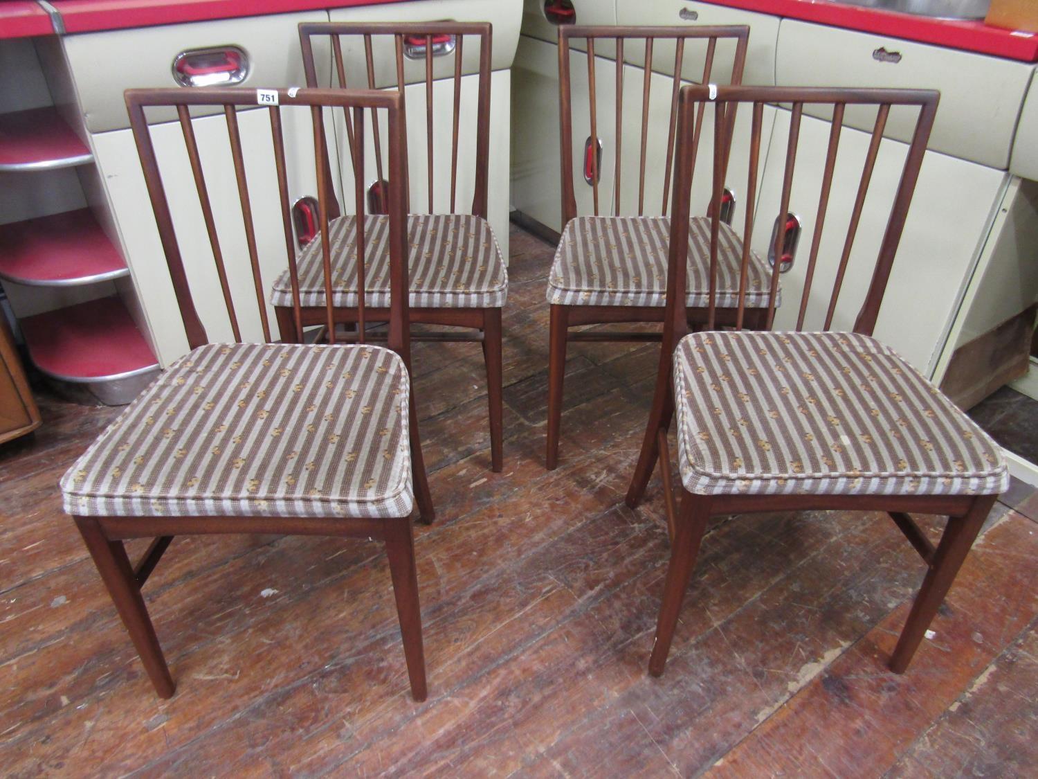 Set of four Danish type teak fan stick back chairs with stuff-over seats