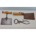 Vintage steel edging tool together with a further cleaver type tool and an early pair of iron