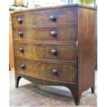 Mid 19th century mahogany bow fronted chest of three long and two short graduated drawers with flame