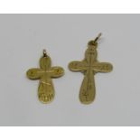 Two Russian cross pendants with engraved decoration, each stamped '56' for 14ct, 3.3g total