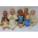 9 small 20th century dolls including 1960's Goebel/ Hummel puppee girl, probably rubber, height
