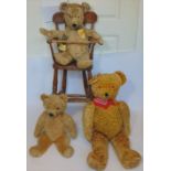 3 vintage teddy bears all with stitched mouth and nose and glass eyes, together with a wooden high