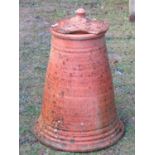 A weathered terracotta rhubarb forcer and lid with incised banded lettering Ruardean Garden Pottery,
