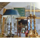 A good mixed lot comprising a three branch brass table lamp with toleware type shade, a pair of