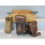 Good vintage military leather saddle bag together with a further stitched leather bag and canvas