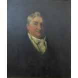 British 19th century school - Bust length portrait of a portly gentleman in black jacket and white