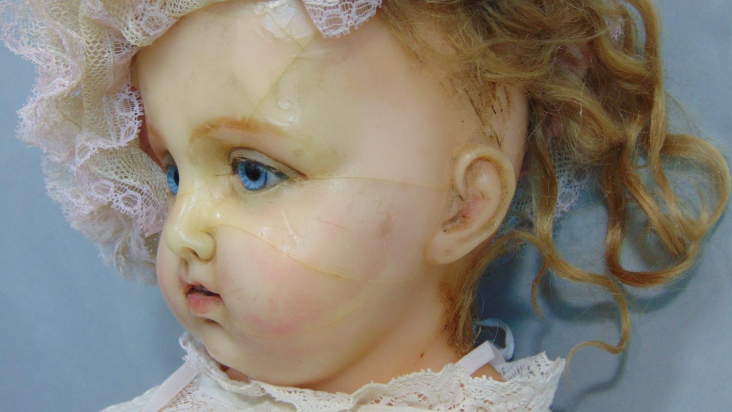 19th century wax over composition shoulder head doll with stuffed soft body and hollow wax lower - Image 4 of 5
