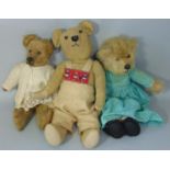 3 small early 20th century bears, with boot button eyes; two have stitched nose and mouth, with