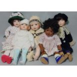 5 English reproduction bisque head dolls including character dolls, by Lilian Middleton (Stow) all