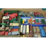 Box of playworn unboxed model vehicles including Dinky Dublo cars, trucks and tractor, Dinky Harrier