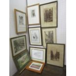 A collection of pictures and prints including a pair of 19th century sepia coloured etchings by