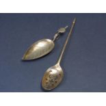 An unusual early English silver sifter teaspoon with pointed shank and pierced bowl, together with a