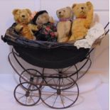 Collection of bears and an antique dolls pram including 2 C1940's bears with stitched noses and