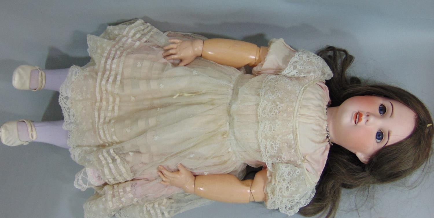 Early 20th century SFBJ bisque socket head doll, 82cm tall, feathered brows, brown eyes, open - Image 3 of 4
