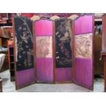 A 19th century freestanding four fold screen/room divider with moulded and carved showwood frame