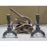 A pair of Antique gothic heavy cast iron fire dogs initialled S and F 38cm high together with a