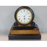 Regency walnut and ebonised drum head mantle clock, single train enamel dial, 28 cm high, pendulum