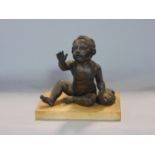 Cast bronze study of a seated nude child pinning down a goose upon an alabaster type base, 14 cm