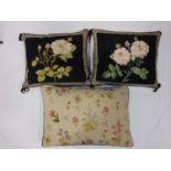 Pair of needlepoint cushions 36 x 30cm, featuring roses on a black ground, with rope trim, black