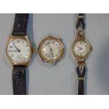 Three vintage 9ct dress watches, all AF, two with period leather straps, 43.4 grams gross